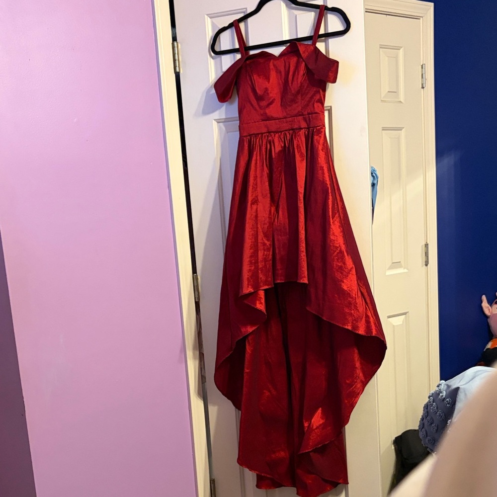 B Darlin Scarlet Off-Shoulder High Low Dress